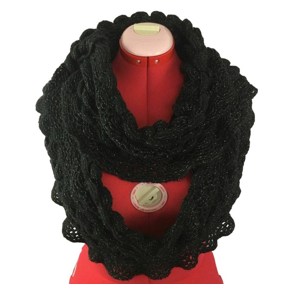 Ruffle Edge Black Soft Silver Metallic Thread Cable Knit Infinity Loop Scarf - Picture 8 of 10